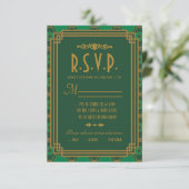 Green Art Deco Wedding RSVP Cards (Stehend Vorderseite)