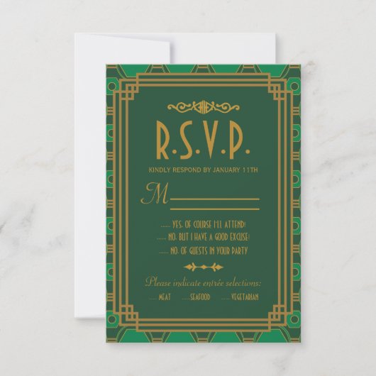 Green Art Deco Wedding RSVP Cards Karte (Vorderseite)