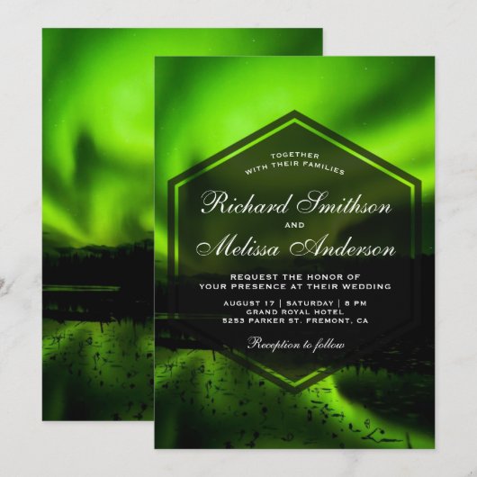Green Aurora Northern Lights Hochzeitseinladung Einladung (Vorne/Hinten)
