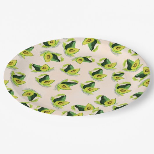 Green Avocados Wasserfarbmuster Pappteller (Schrägansicht)