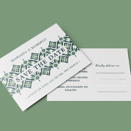 Green Azulejo Spanish Tile LACE SAVE THE DATE Ann Ankündigungspostkarte