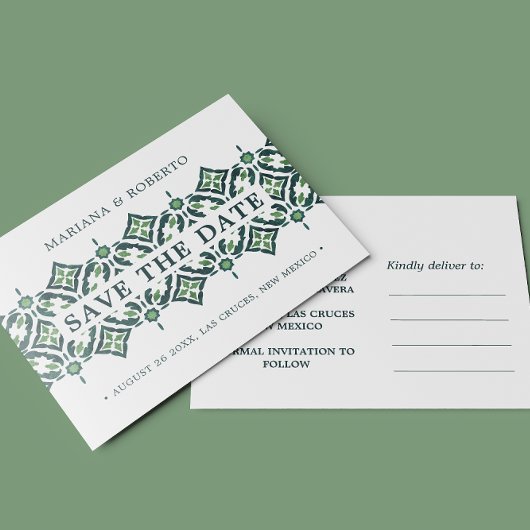 Green Azulejo Spanish Tile LACE SAVE THE DATE Ann Ankündigungspostkarte