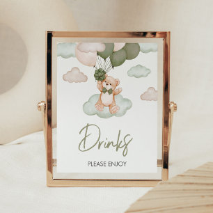 Green Baby Bear Balloon Baby Shower Drinks Poster
