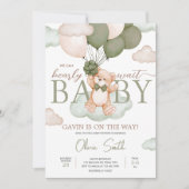 Green Baby Bear Balloon Babydusche Einladung (Vorderseite)