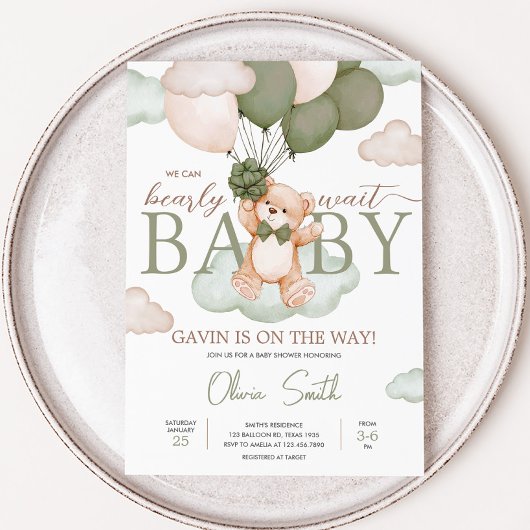 Green Baby Bear Balloon Babydusche Einladung