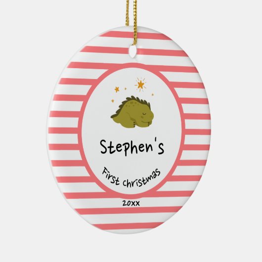 Green Baby Dino | Erster Weihnachts Roter Streifen Keramik Ornament (Rechts)