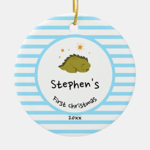 Green Baby Dino First Christmas Baby Blue Strip Keramik Ornament