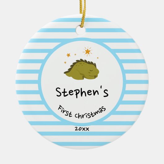 Green Baby Dino | First Christmas Baby Blue Strip Keramik Ornament (Vorne)