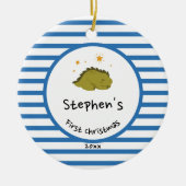 Green Baby Dino | First Christmas Blue Stripe Chic Keramik Ornament (Vorne)