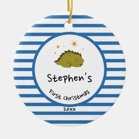 Green Baby Dino | First Christmas Blue Stripe Chic Keramik Ornament (Vorne)