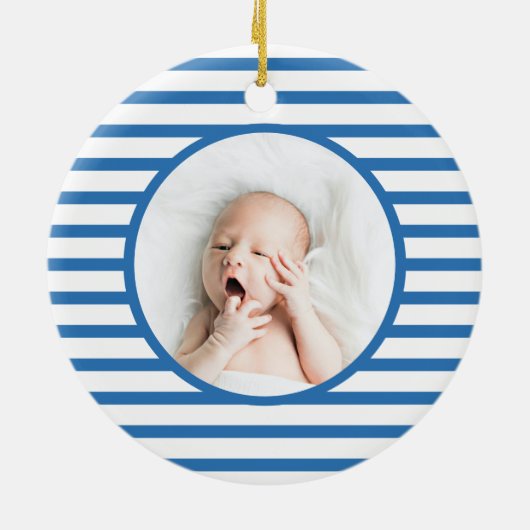 Green Baby Dino | First Christmas Blue Stripe Chic Keramik Ornament (Hinten)