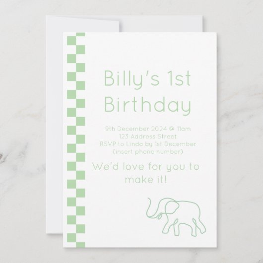 Green Baby Elephant zum Geburtstag Einladung (Vorderseite)