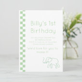 Green Baby Elephant zum Geburtstag Einladung (Stehend Vorderseite)