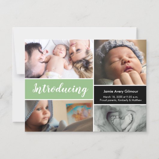 Green Baby Introducing Script Foto Collage Magneteinladung (Vorderseite)