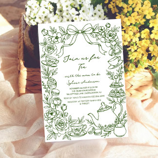 green baby shower tea bow hand drawn einladung