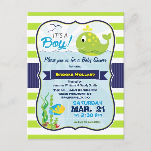Green Baby Whale, Boy Baby Shower Einladung (Vorderseite)