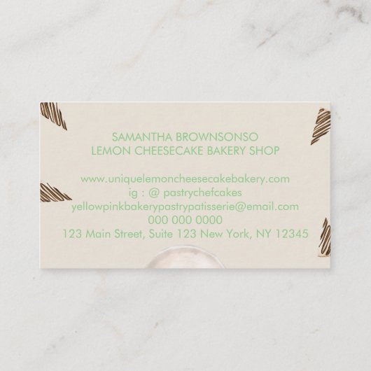 Green Bakery Cake Pastry Chocolate cheesecake Visitenkarte (Rückseite)