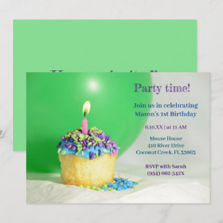 Green Balloon blue cupcake Geburtstagseinladung Einladung