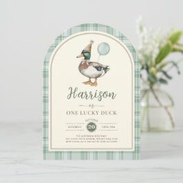 Green Balloon One Lucky Duck Gingham 1. Geburtstag Einladung