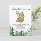 Green Balloon Winter ONEderland Geburtstagsparty Einladung (Stehend Vorderseite)