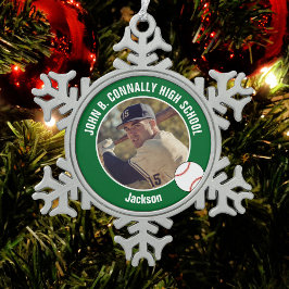 Green Baseball Player Photo High School Schneeflocken Zinn-Ornament