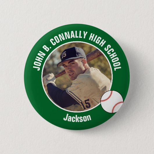 Green Baseball Player Photo High School Spirit Button (Vorderseite)