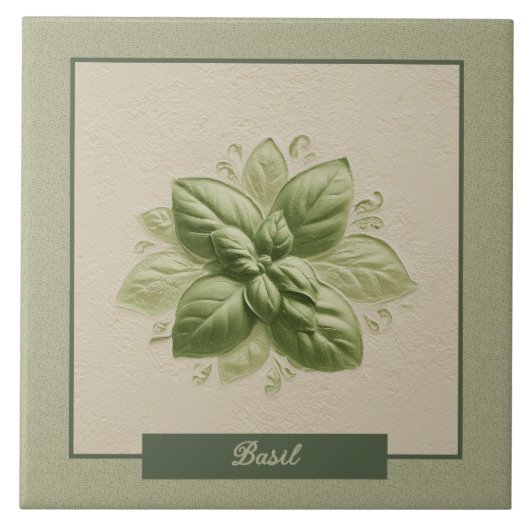Green Basil Herb Kitchen Faux Relief Fliese (Vorderseite)
