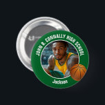 Green Basketball Player Photo High School Spirit Button<br><div class="desc">This cool customized high school basketball player photo gift features white typography of your team and player name on a green button with a ball. Personalize with your student's photograph and class year as a proud sports parent. A mom and dad can wear these buttons to sports games.</div>
