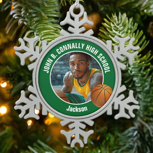 Green Basketball Player Photo Keepsake Gift Schneeflocken Zinn-Ornament