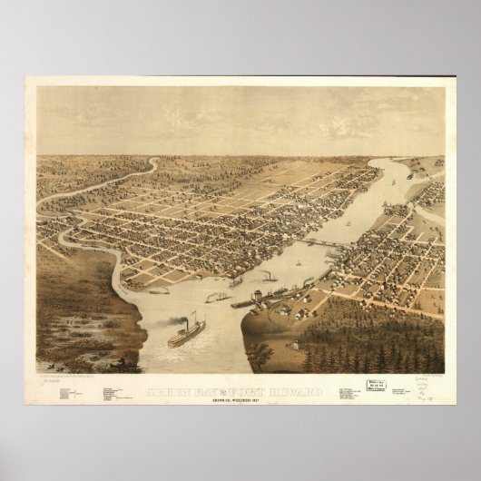 Green Bay WI 1867 Antique Panoramabalkarte Poster (Vorne)