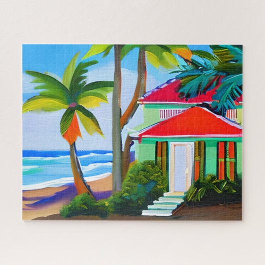 Green Beach House Tropical Ocean Art Puzzle (Horizontal)