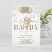 Green Bear Balloon Babydusche Einladung (Stehend Vorderseite)