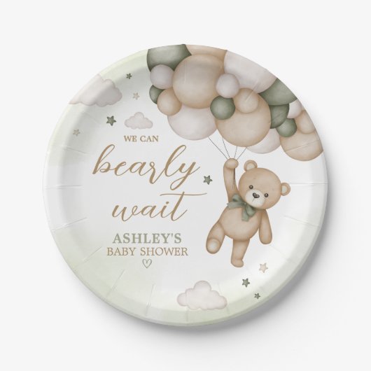 Green Bear Balloon Babydusche Pappteller (Vorderseite)