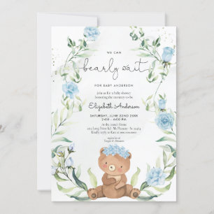Green Bear Blue Floral Boy Baby Shower Einladung