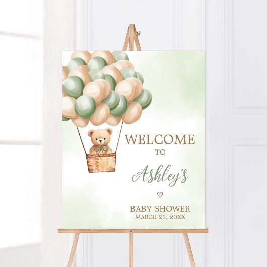 Green Bear Hot Air Ballon Babydusche Willkommen Poster