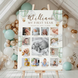 Green Beary First Birthday Photo Timeline Poster