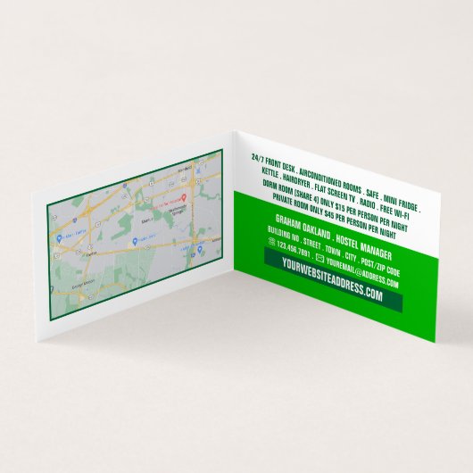 Green Bed Logo, Herberge Unterkunft im Detail Visitenkarten (Innenseite)