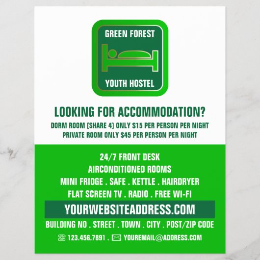 Green Bed Logo, Jugendherbergswerbung Flyer (Vorne)