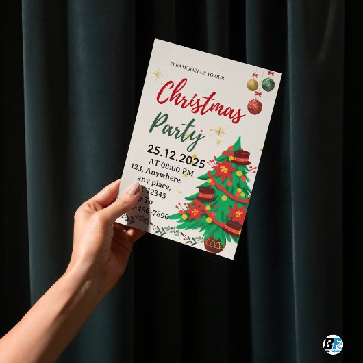 Green Beige Cute Illustrative Christmas Party Einladung