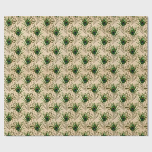 Green Beige Peacock Feathers Geschenkpapier (Flach)