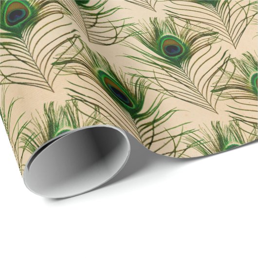 Green Beige Peacock Feathers Geschenkpapier (Rolleneckpunkt)