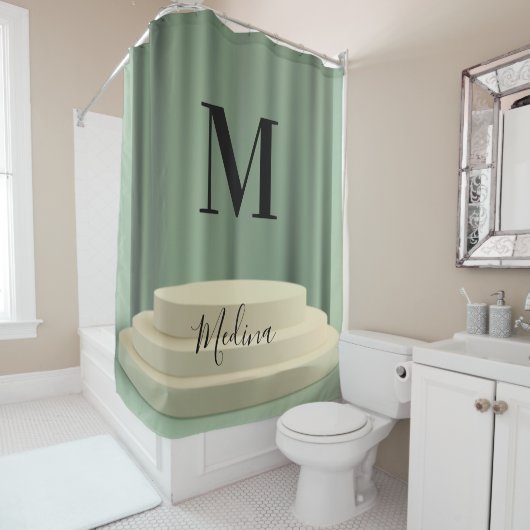 Green Beige Podium Black Monogram Modern Script Duschvorhang (Beispiel)