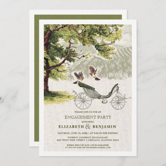 Green Beige Vintage Oak Tree Engagement Party Einladung (Vorne/Hinten)