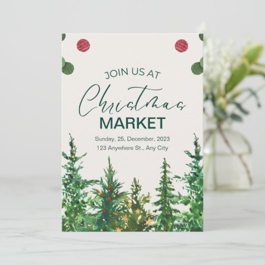 Green Beige Winter Weihnachtsmarkt Einladung (Stehend Vorderseite)