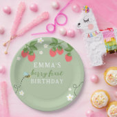 Green Berry First Pink Strawberry and Flowers Pappteller (Party)