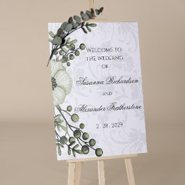 Green Berry Wreath Boho Damask Wedding Willkommen Poster