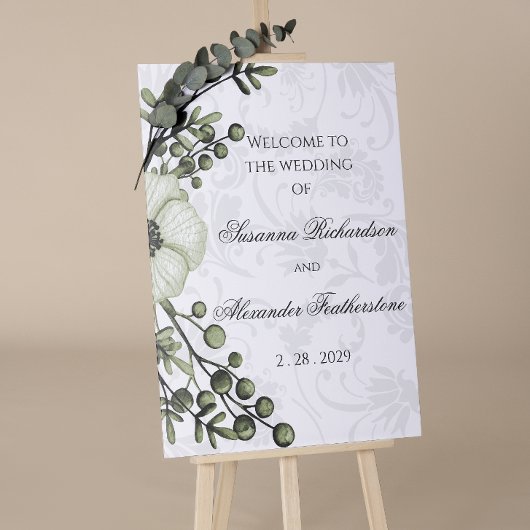 Green Berry Wreath Boho Damask Wedding Willkommen Poster