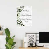 Green Berry Wreath Boho Damask Wedding Willkommen Poster (Heimbüro)