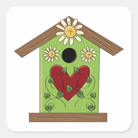Green Birdhouse mit Herz und Milch Quadratischer Aufkleber (Vorderseite)