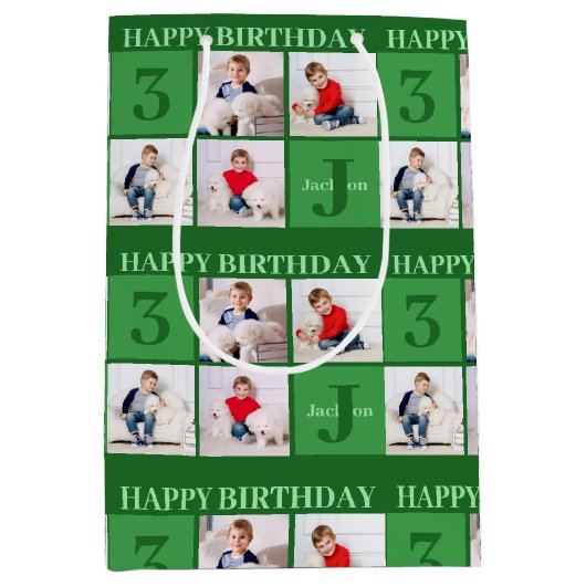 Green Birthday Boy Foto Collage Custom Party Mittlere Geschenktüte (Vorderseite)